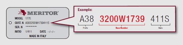 Meritor differential identification plate with the customer number split into prefix, base number and ratio